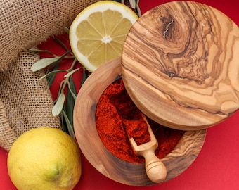 Olive Wood Salt Cellar With Lid and Spoon - BESTSELLER - Salt Keeper Spice Box, Wood Box, mother’s day, fathers day, gift for her ,him