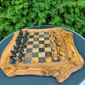 Wood Chess Set Handmade of Olive Wood, Antique Chess, Christmas Gift, Groomsman Proposal, Large Board (+Free Wood Beeswax)