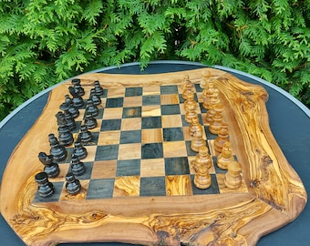 Houten schaakset handgemaakt van olijfhout, antiek schaakspel, kerstcadeau, voorstel stalknecht, groot bord (+ gratis houten bijenwas)