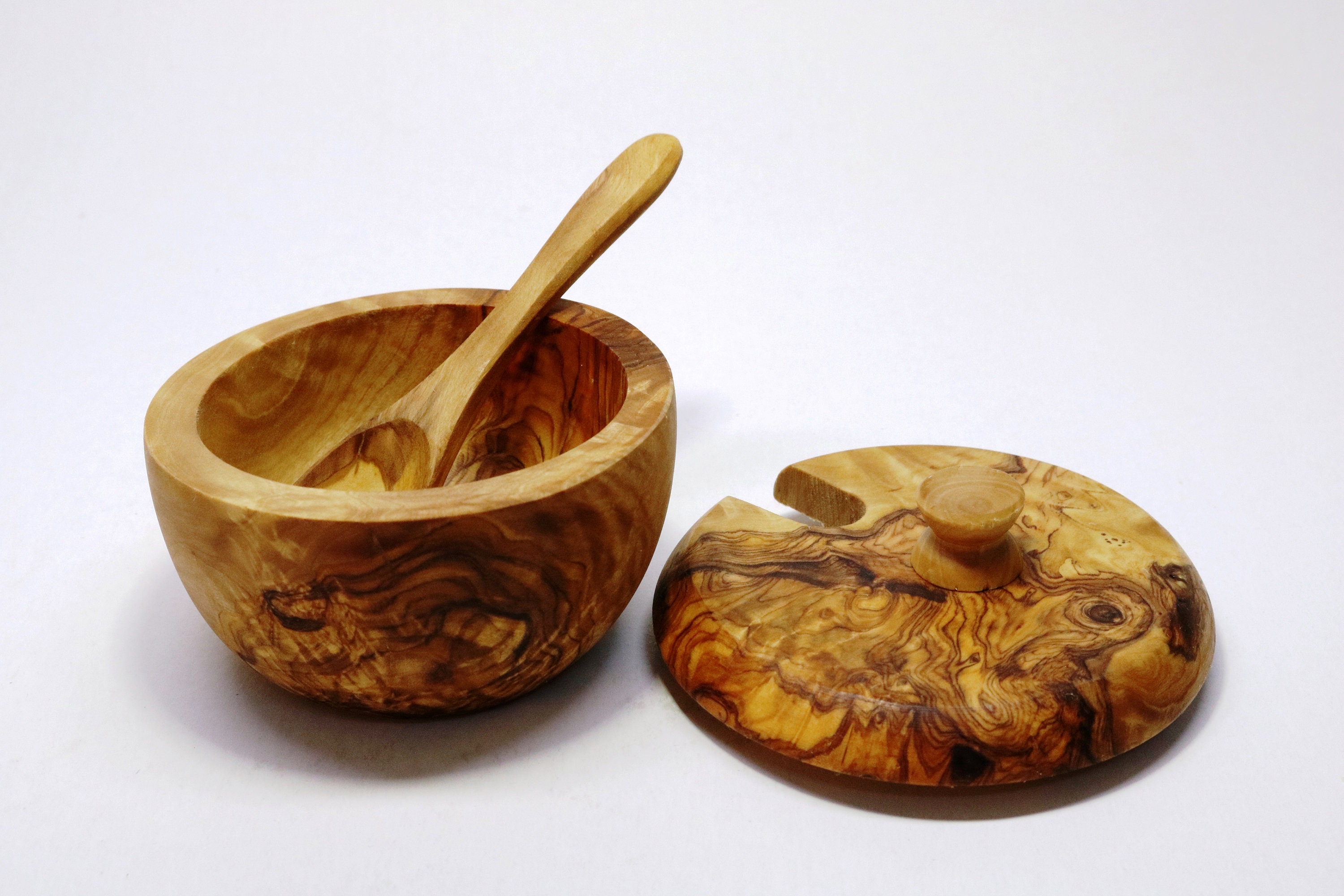 Olive Wood Salt Bowl With Lid /salt Cellar With Spoon Free Etsy