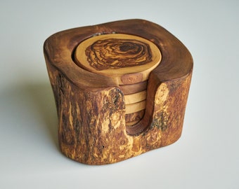 Olive Wood Coasters with rustic holder,  Set of 6 Wooden Drink Coasters