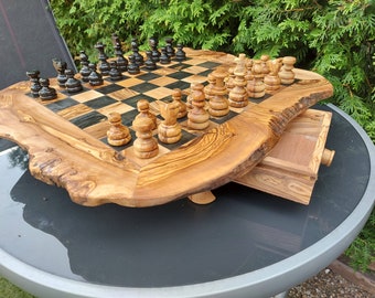 Wood Chess Set Handmade of Olive Wood, Antique Chess, Christmas Gift, Groomsman Proposal, Large Board (+Free Wood Beeswax)