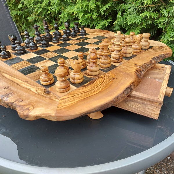 Wood Chess Set Handmade of Olive Wood, Antique Chess, Christmas Gift, Groomsman Proposal, Large Board (+Free Wood Beeswax)