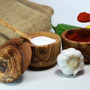 Set of 2 Salt Bowl with Lid made of Olive Wood / Salt Cellar with Spoon + Free Small Spice Spoon