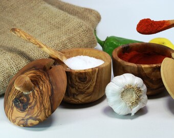 Set of 2 Salt Bowl with Lid made of Olive Wood / Salt Cellar with Spoon + Free Small Spice Spoon