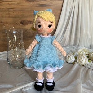 Blue Nina doll, Handmade Crochet Doll,Amigurumi girl toy ,Custom name doll, Personalized Gift ,Blue dress doll