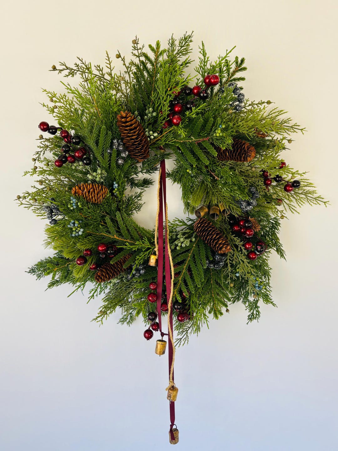 36-Inch Pre-Lit Norfolk Pine Christmas Wreath with Bells and Red Bow