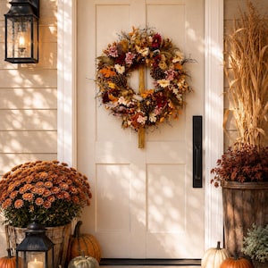 May include: A circular autumn wreath featuring a mix of dried leaves, pinecones, and flowers in shades of orange, red, and yellow. The wreath is mounted on a light-colored door with a welcome mat at the base and various pumpkins and plants.