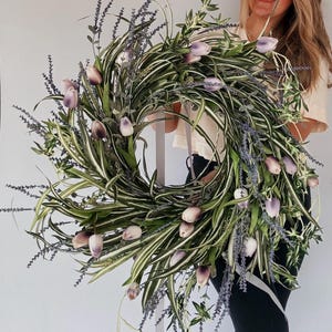 Large Spring Tulip Wreath For Front Door, Lavender Spring Wreath, Real Touch Tulip Wreath, Easter Wreath For Front Door, Easter Decor