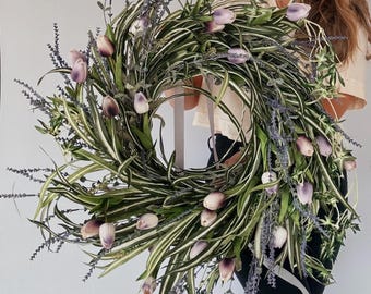 Large Spring Tulip Wreath, Real Touch Tulip and Lavender Wreath, Wild Easter Wreath For Front Door, Spring Door Wreath, Tulip Wreath