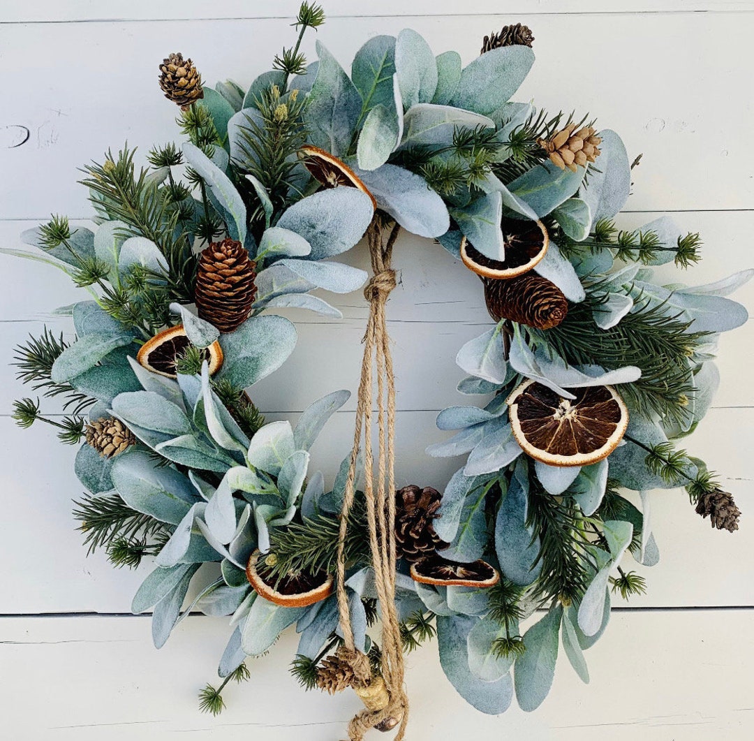 Rustic Lambs Ear Winter Wreath With Gold Bells, Dried Oranges and Pine ...