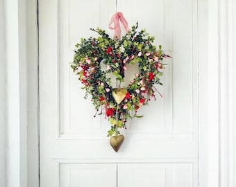 Heart Spring Wreath with Red Berry, Queen of Hearts Fern and Eucalyptus Wreath, Gold Hearts, Wedding Decor, Anniversary Gift, Mothers Day
