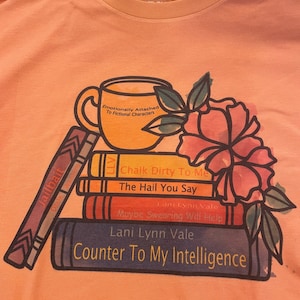 Lani Lynn Vale Books. Print of books, flowers and coffee cup. Names of books on spines.