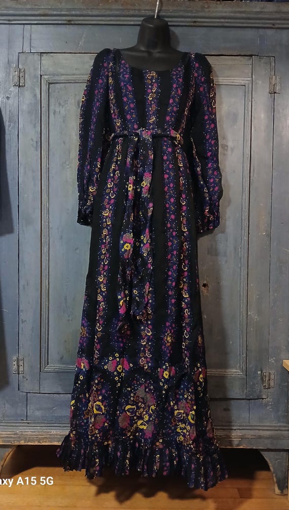 Givenchy, Vintage 70s Givenchy Gown: Indigo Floral Voile Overlay, XS