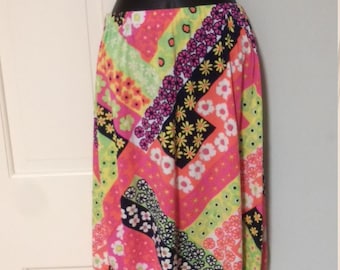 Vintage 1960s psychedelic flower power Clique skirt faux patchwork print with acid tones S