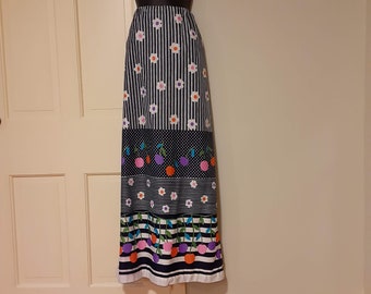 Vintage 1960s Nelly de Grab New York maxi skirt with stripes, cherries, daisies polyester elastic waist side slit Size S