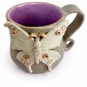 Lunar Mother Goddess Mug Handmade Clay Moon Moth Ceramic Cup Witchy Art Mug