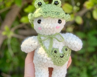 Crochet Green Frog Mushie with Frog Satchel