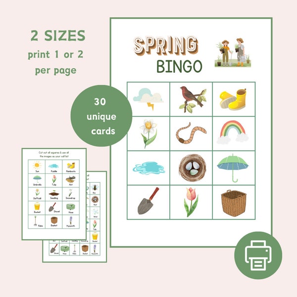 Bingo printanier pour enfants, 30 cartes de bingo uniques, activité printanière pour les enfants, bingo printanier, activité en classe pour Pâques, jeu d'apprentissage imprimable