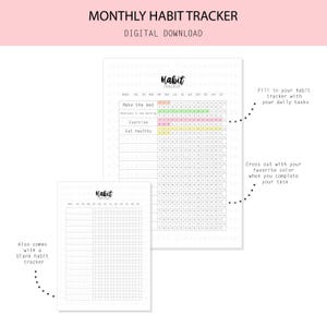 May include: A printable monthly habit tracker with a grid of squares for each day of the month. The tracker includes sections for "Make the bed", "Exercise", and "Eat healthy". A blank habit tracker is also included.