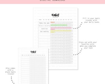 May include: A printable monthly habit tracker with a grid of squares for each day of the month. The tracker includes sections for "Make the bed", "Exercise", and "Eat healthy". A blank habit tracker is also included.
