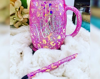 Glitter Leopard Epoxy Coffee Cup with matching Pen