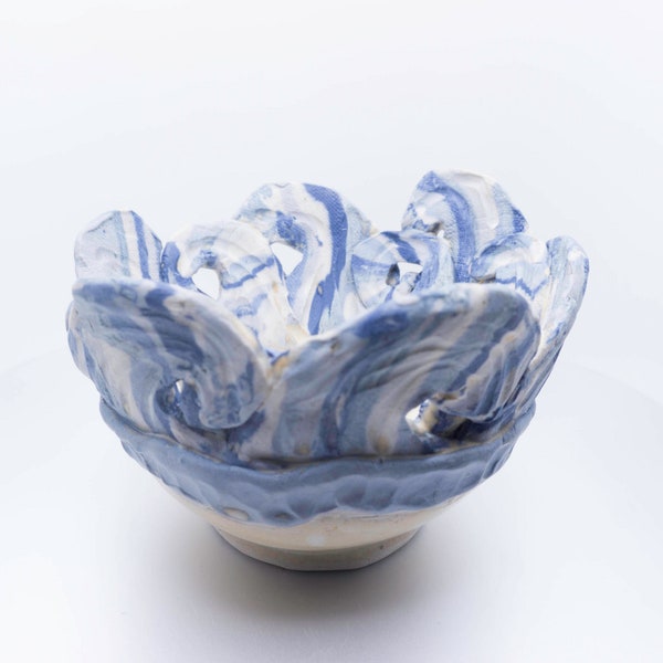 White and Blue Ceramic Asymmetrical Bowl with Nerikomi Waves Design,  Unique Handbuilt Ocean Waves Bowl Carved out of Colored Clay