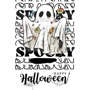 May include: A white ghost with candy and a spooky message. The text says "Spooky" and "Happy Halloween" with a spider web and spider.