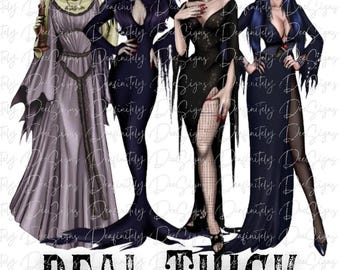 I Like Them Real Thick and Spooky Png, Gothic Queens png, Morticia Addams, Lily Munster, Vampira, Elvira, Halloween png, Horror png