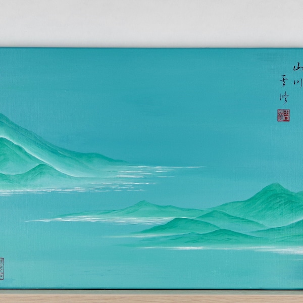 Peinture acrylique montagnes paysage toile en lin fait main artiste peintre avec certificat d'authenticité