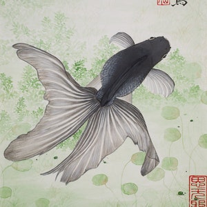 Peinture Mo Lan 6 poisson papier de riz fait main artiste peintre chinoise