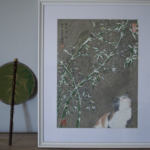 Peinture bambou enneigé chat oiseau sur papier de riz fait main artiste peintre encadrée