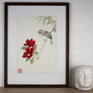 Peinture oiseau camelia artiste peintre fait main et encadrée