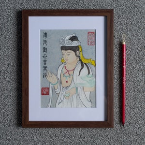 Peinture bouddha guan yin 3 fait main artist peintre avec certificat d'authenticité