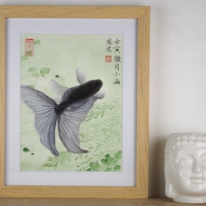 Poisson encre sur papier de riz fait main artiste peintre œuvre unique avec certificat d'authenticité.