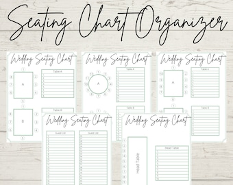 May include: Printable wedding seating chart organizer with a guest list, head table, and tables A and B. The chart is designed with a simple, elegant style and features a green and white color scheme.
