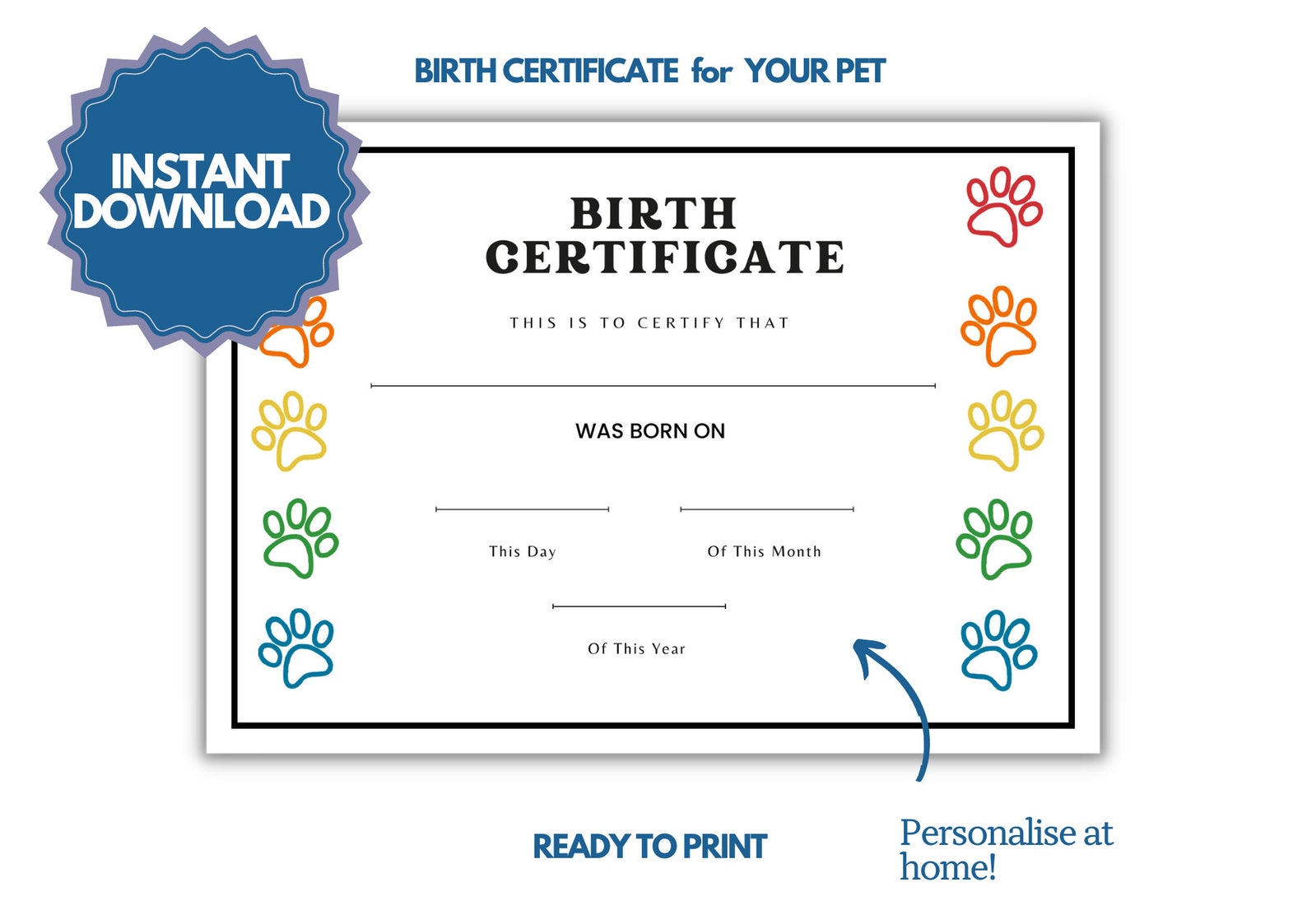 Puppy Birth Certificate Instant Download Printable Pet Birth Certificate Custom Certificate ...