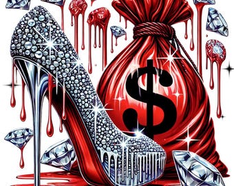 Diamonds Money Heels PNG, Glam Dollar Bag Graphic, Bling High Heel Design, Rhinestone Design