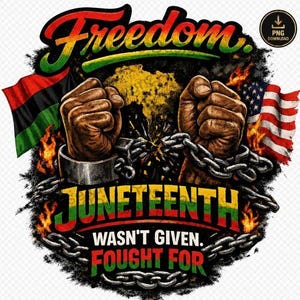 May include: A graphic design featuring the word "Freedom" in red, yellow, and green, with the word "Juneteenth" below. The image includes two fists breaking chains, flags, and the text "Wasn't Given, Fought For."