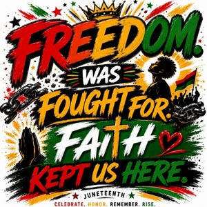 May include: A graphic design with the words "FREEDOM WAS FOUGHT FOR FAITH KEPT US HERE" in red, yellow, and green. The image includes a crown, praying hands, a chain, and a silhouette of a person looking up. The text "JUNETEENTH" and "CELEBRATE. HONOR. REMEMBER. RISE." are also included.