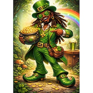 May include: A vibrant illustration of a Black leprechaun in a green suit, hat, and shoes, holding a pot of gold coins. He wears sunglasses and points towards the viewer. A rainbow and a mug of beer are in the background.