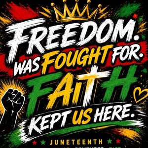 May include: A vibrant graphic with the words "FREEDOM. WAS FOUGHT FOR. FAITH KEPT US HERE." in white, yellow, and green. A black fist, a gold crown, and a heart are also featured. The text "JUNETEENTH" is at the bottom.