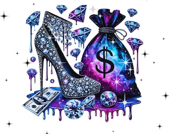 Luxury Money Heels PNG, Glam Dollar Bag Graphic, Bling High Heel Design, TShirt Design