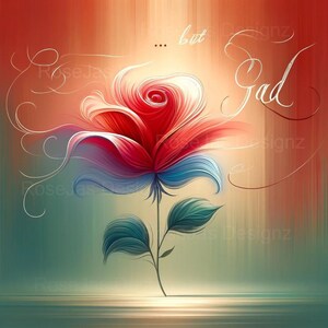 May include: A stylized red rose with blue and white petals, with a green stem and leaves. The background is a blurred orange and green gradient with the text "... but God" in white.