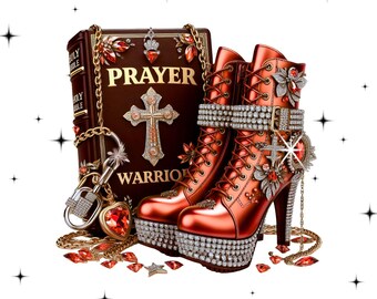 May include: A pair of red high-heeled boots with a jeweled design and a bible with the words "PRAYER" and "WARRIOR" on the cover.