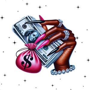 May include: A hand with long, pink and black nails holds a stack of US $100 bills and a pink money bag with a dollar sign on it. The hand is wearing several diamond rings and a diamond bracelet. The background is white with black stars.