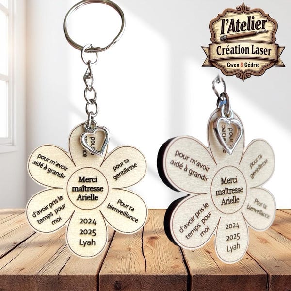 Teacher Gift Keyring - personalized in wood - Thank you end of year - Teacher Atsem nanny childminder end of school year.