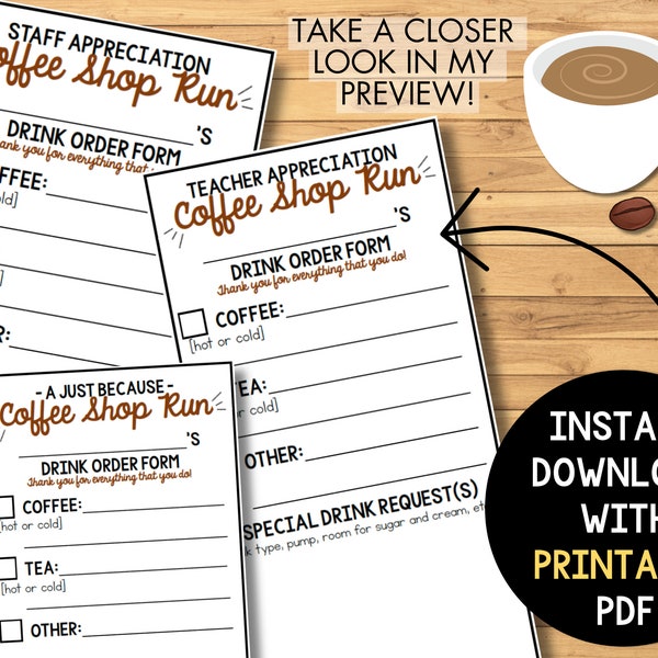 COFFEE SHOP Order Form | Coffee | Tea | Teacher | Staff | Just Because | Appreciation | Order Forms by eatloveteach