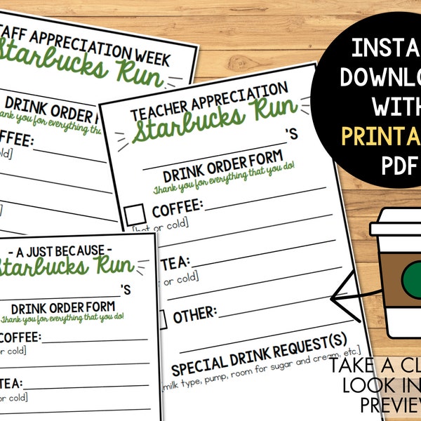 STARBUCKS ORDER FORM | Coffee | Teacher | Staff | Just Because | Appreciation | Order Forms by eatloveteach