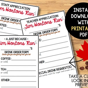 Puede incluir: Formularios de pedido de bebidas imprimibles "Jim Hortons Run" para el personal, los profesores o simplemente porque sí. Los formularios incluyen opciones para café, té y otras bebidas. Los formularios están diseñados para parecerse a un menú de Tim Hortons.